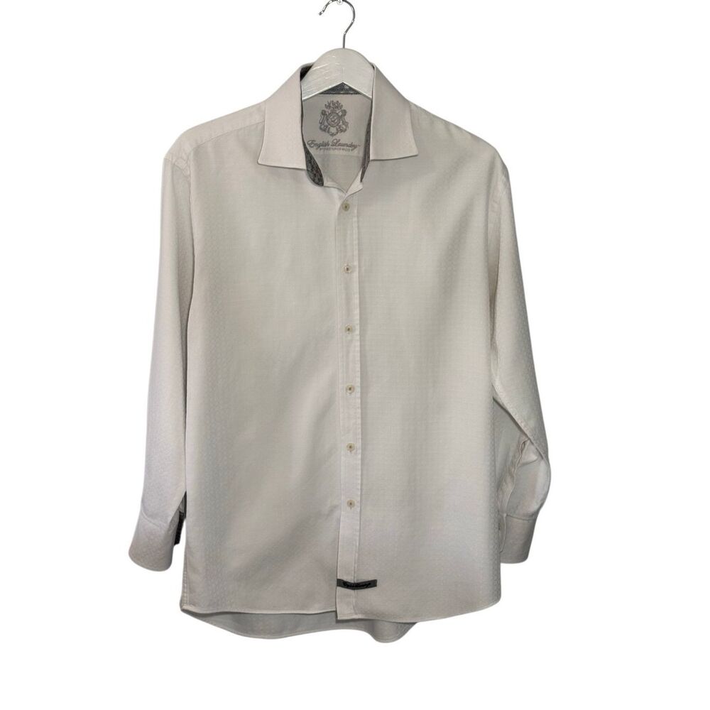 English Laundry white textured cotton button down shirt with gray contrast colla